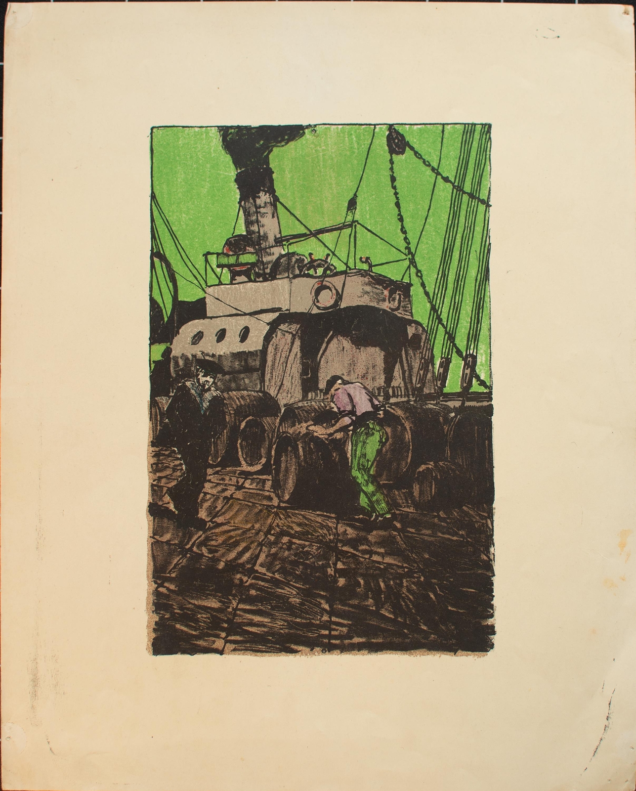 Frachtschiff Hafen Arbeiter unbekannt Lithografie um 1910/20