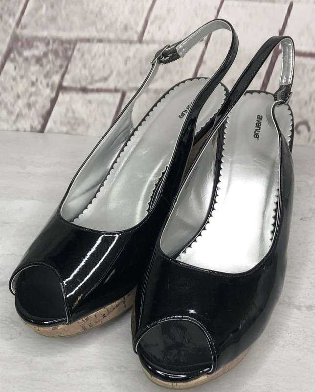Avenue Womens Dayla Black Patent Leather Slingback Cork Wedge Heel