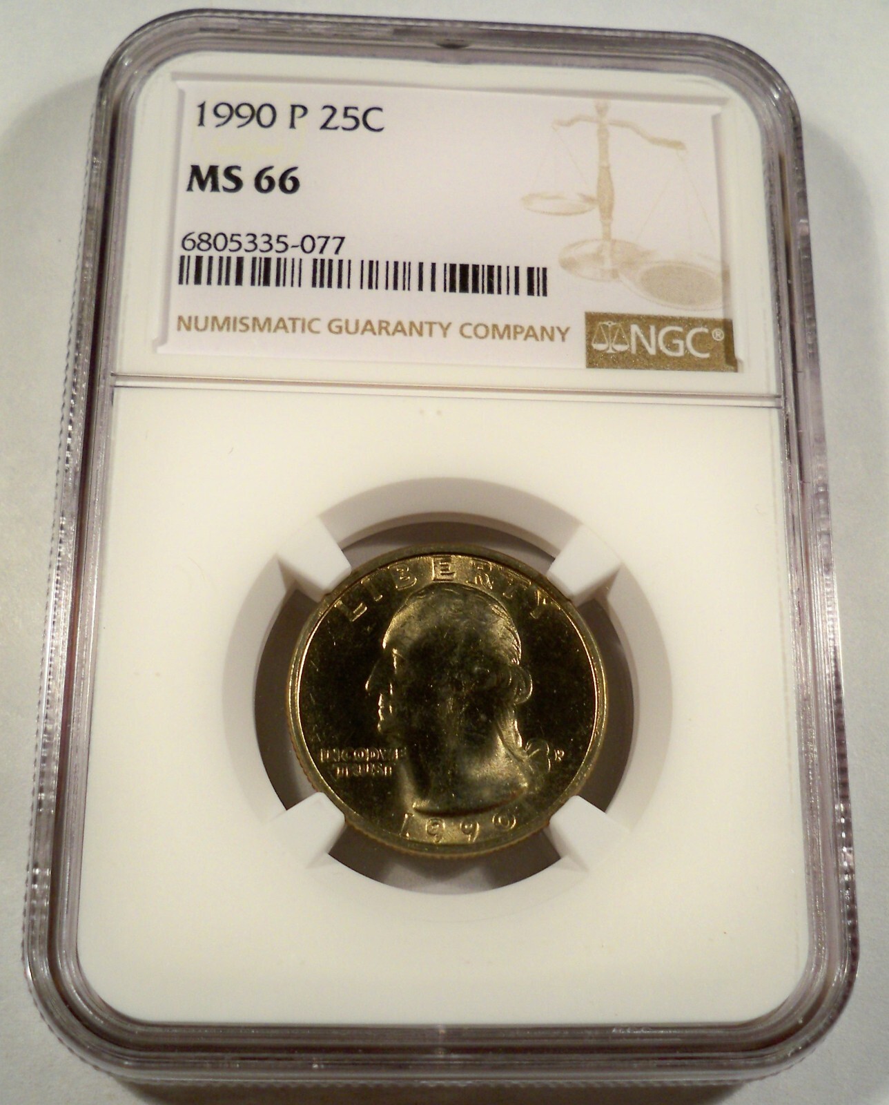1990-P NGC MS66 WASHINGTON QUARTER BRIGHT GOLD TONE 25c MS