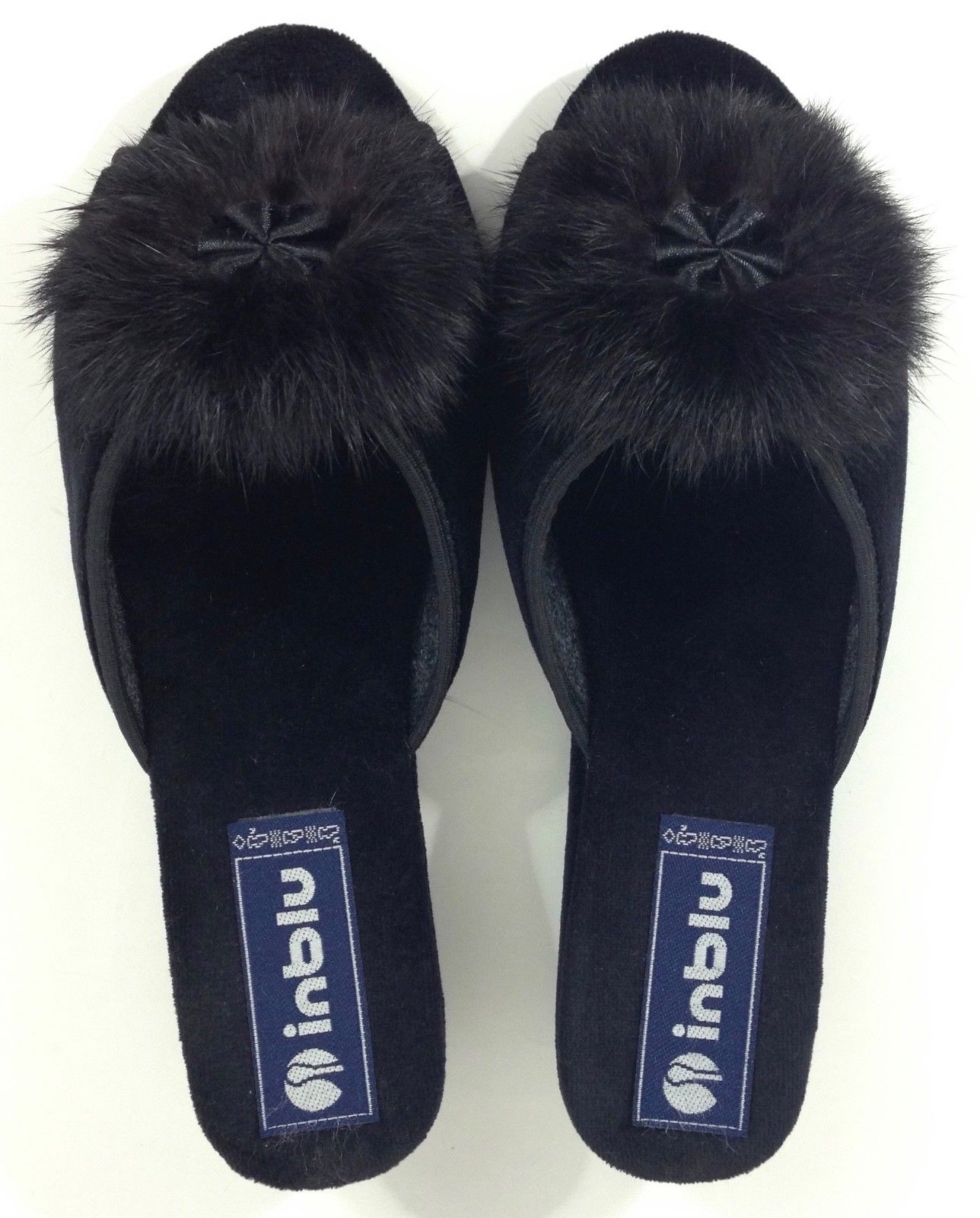 Inblu Women's 6 Classic Velvet Wedge Embellished Fur Slipper Black Slip-On