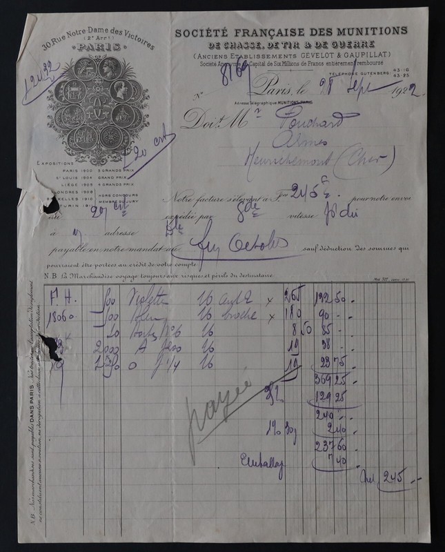 Billhead Facture Paris 1922 Munition Gevelot Gaupillat Chasse Tir Guerre 131