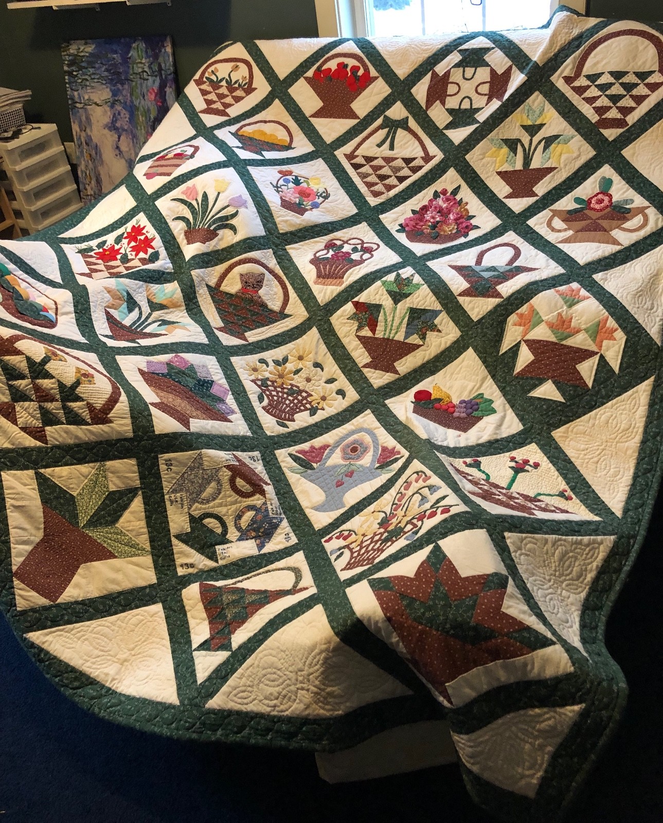Hand-Quilted Applique Baltimore Basket Queen-Sized Quilt