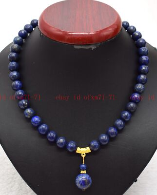 Natural 10mm Blue Lapis Lazuli Round Gemstone Beads Pendant Necklace 18'' AAA