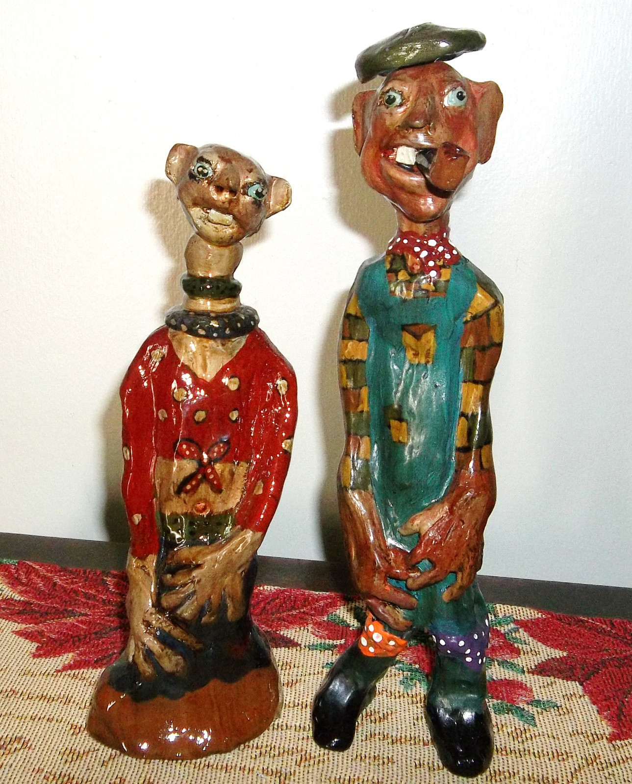 Southern Pottery Face Jug/Figurines -  signed - Decorative Folk Art  Pair/Set