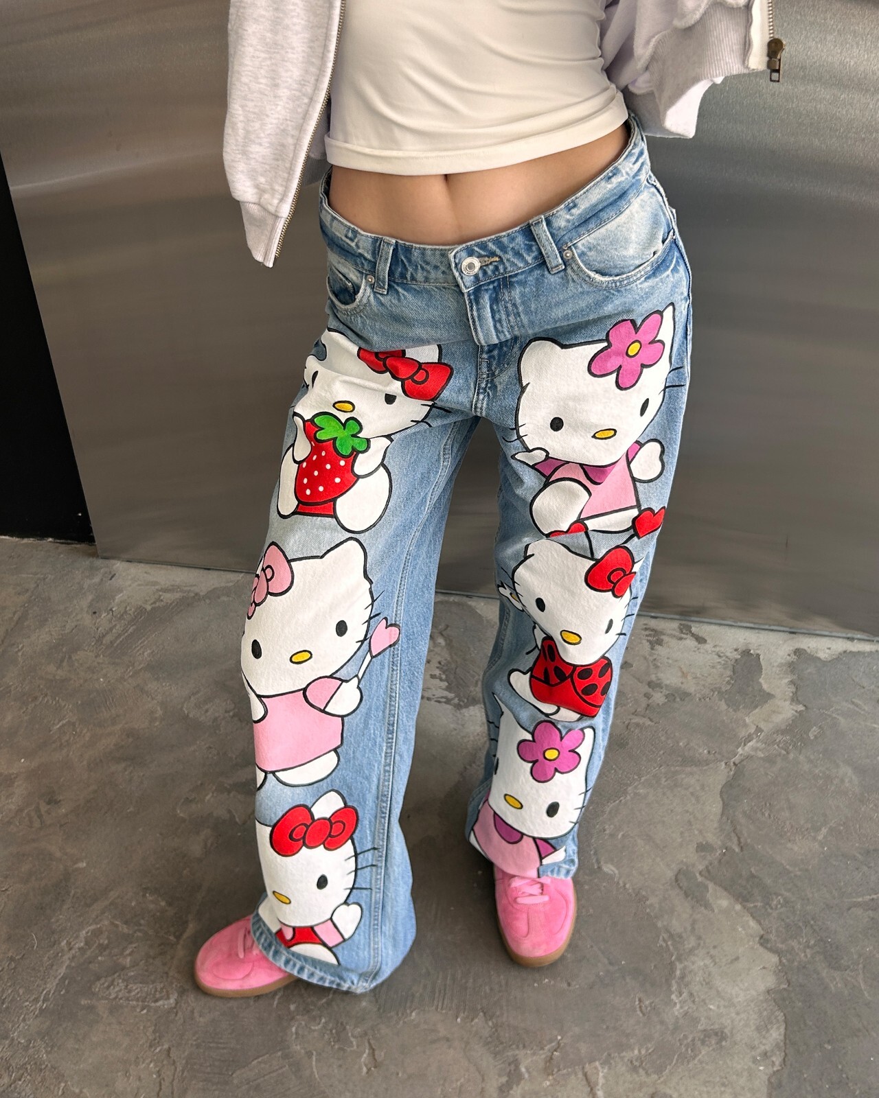 Pre-owned Hello Kitty Blue Jeans Light Wash Denim W26 W28 W30 W32 W34 Cartoon Kuromi Pants