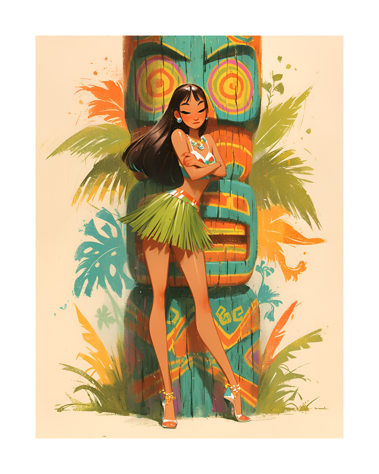 80s HULA DANCER 特大アート フレーム 油彩画 ヴィンテージ Hawaii Male Hula Dancer - Vintage Hawaiian Airbrush Art by