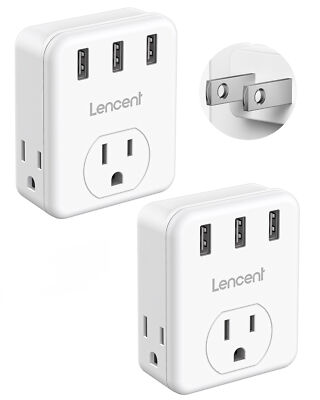 2X LENCENT 3 Prong to 2 Prong Adapter 3 Gang Outlet Extender with 3 USB Ports