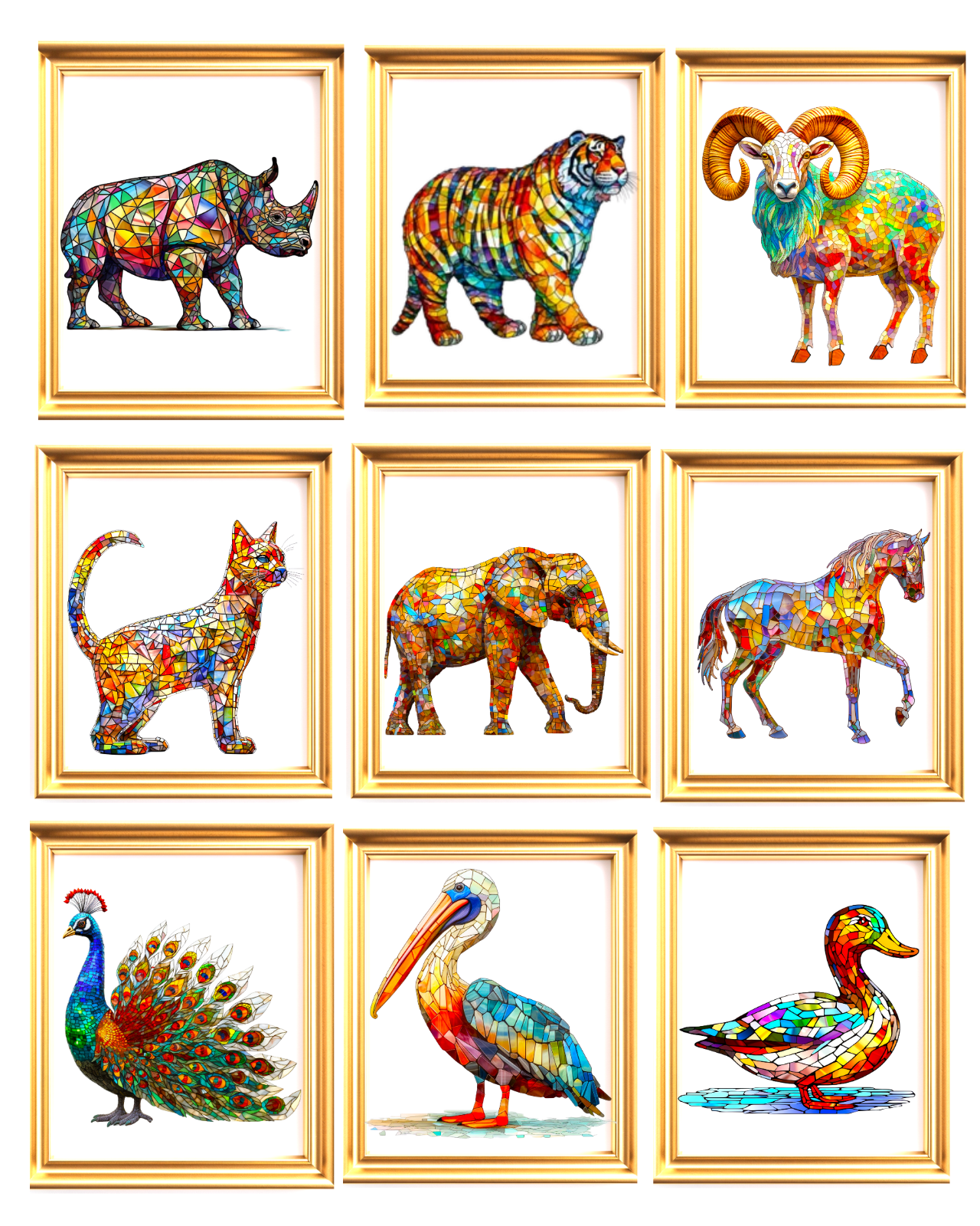 Cute Animals Art Print Stained Glass Art Colorful 8.5”x11
