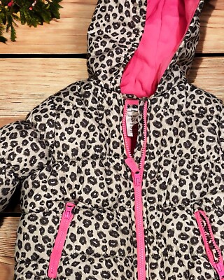 Girls Carters Leopard Print Fuchsia Pink Fleece Liner Winter Puffer Coat S4 #B09
