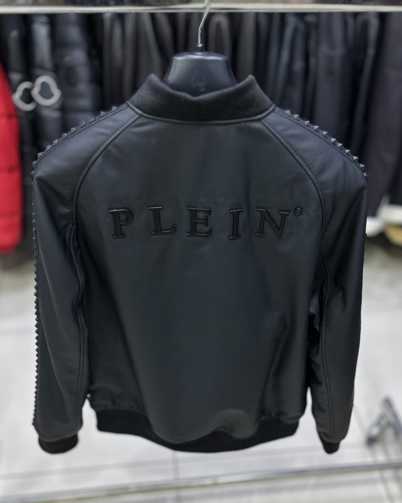 Philipp Plein Matte Black Studded Lambskin Men's Genuine Leather Bomber Jacket