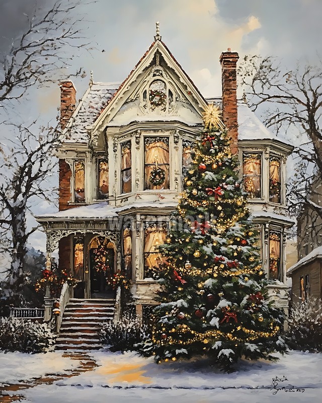 Victorian home with a beautifully decorated ChristmOil Painting 8x10 Print