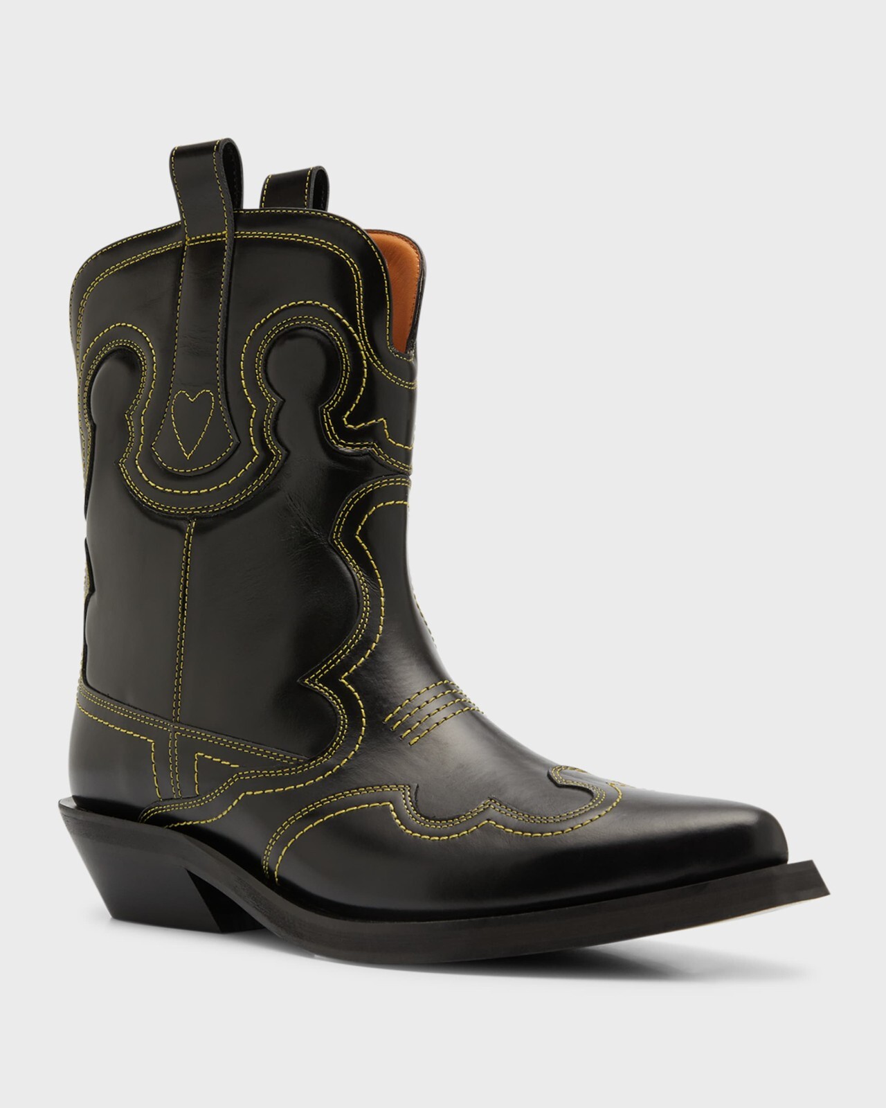 Pre-owned Ganni Low Shaft Embroidered Western Boots - Black/yellow ( Origin $595 )