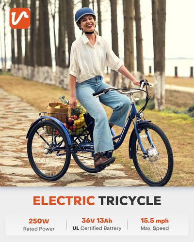 VIRIBUS 24"/26" Adult Electric Tricycle Trike 36V Lithium Battery 48mile 250W UL