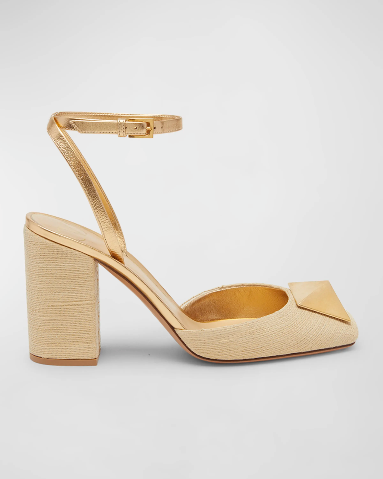 Pre-owned Valentino Garavani One Stud Raffia Ankle-strap Pumps - Retail $1270 In Naturale Antique Brass