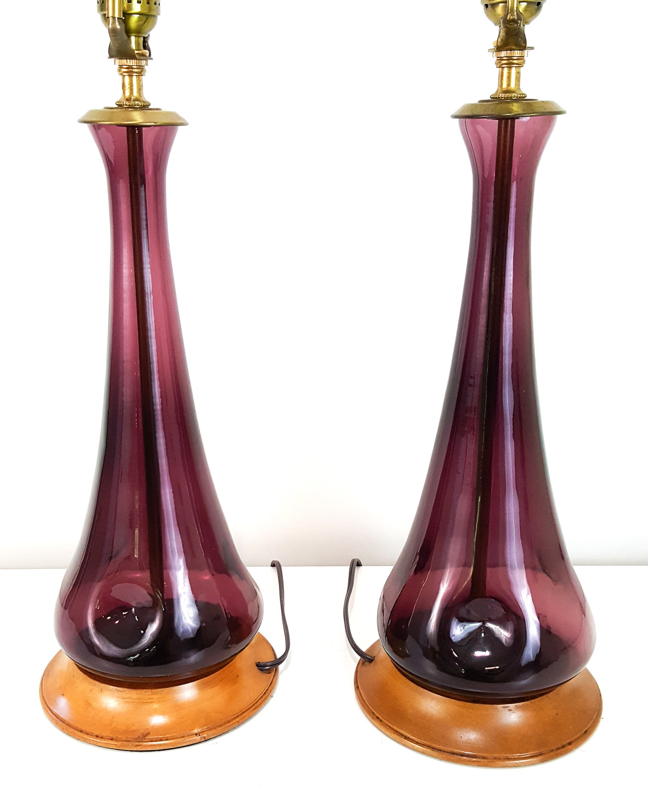 Pair Vintage Purple Italian Empoli Art Glass Lamps Mid-Century Danish Modern