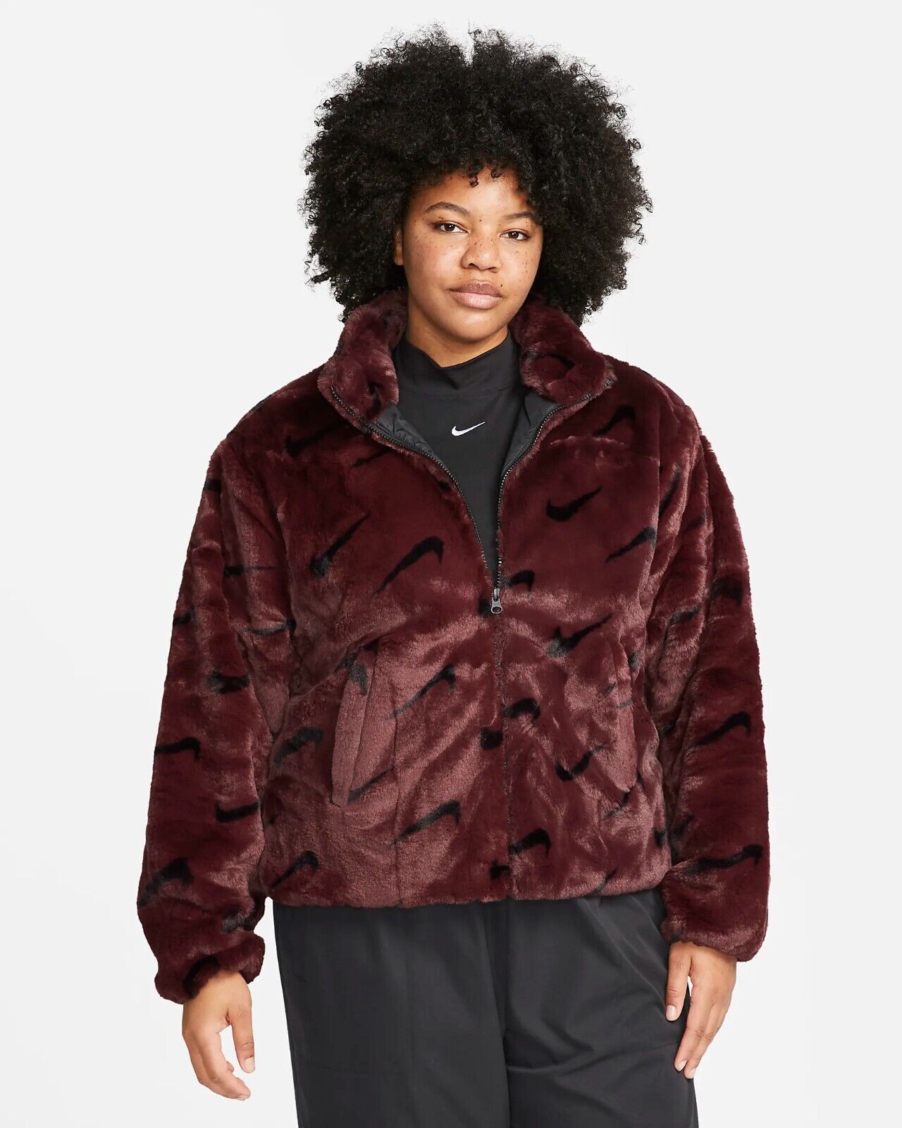 Nike Sportswear Printed Faux Fur Jacket Burgundy DX6416-652 Nike Sportswear Printed Faux Fur Jacket Burgundy DX6416-652