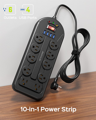 JACKYLED Surge Protector Power Strip 10 AC Outlet 4 USB Ports with Flat Plug 6ft