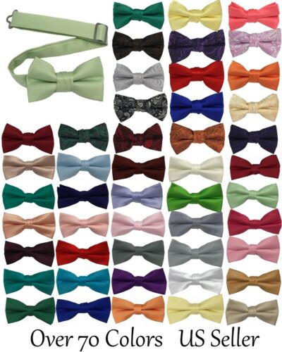 Boys Bow Tie Quality clip on adjustable neck band Satin Solid Pattern Colors