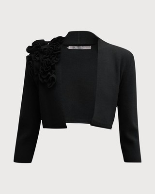 Pre-owned Pink Rose Lela Rose Flower Ruffle 3/4-sleeve Bolero Jacket In Black - Size M