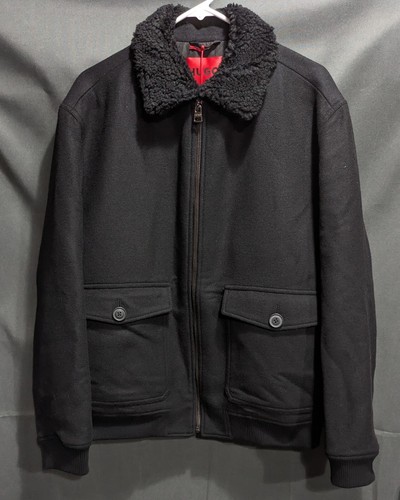 Pre-owned Hugo Boss Red Label Black Faux Shearling Collar Wool Blend Jacket Men Size Large