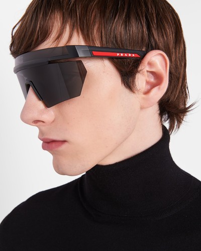 Pre-owned Prada Linea Rossa Ps 01ys 1bo06f Matte Black Dark Grey Lens Shield Sunglasses In Gray