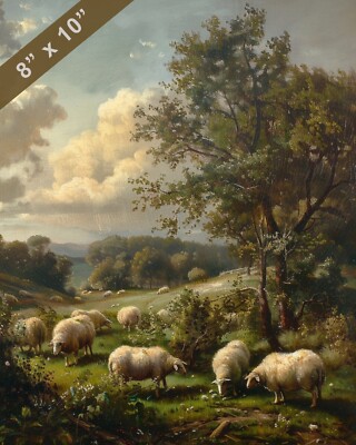 Pastoral Tranquility: Landscape Painting of Grazing Sheep 8x10 Print