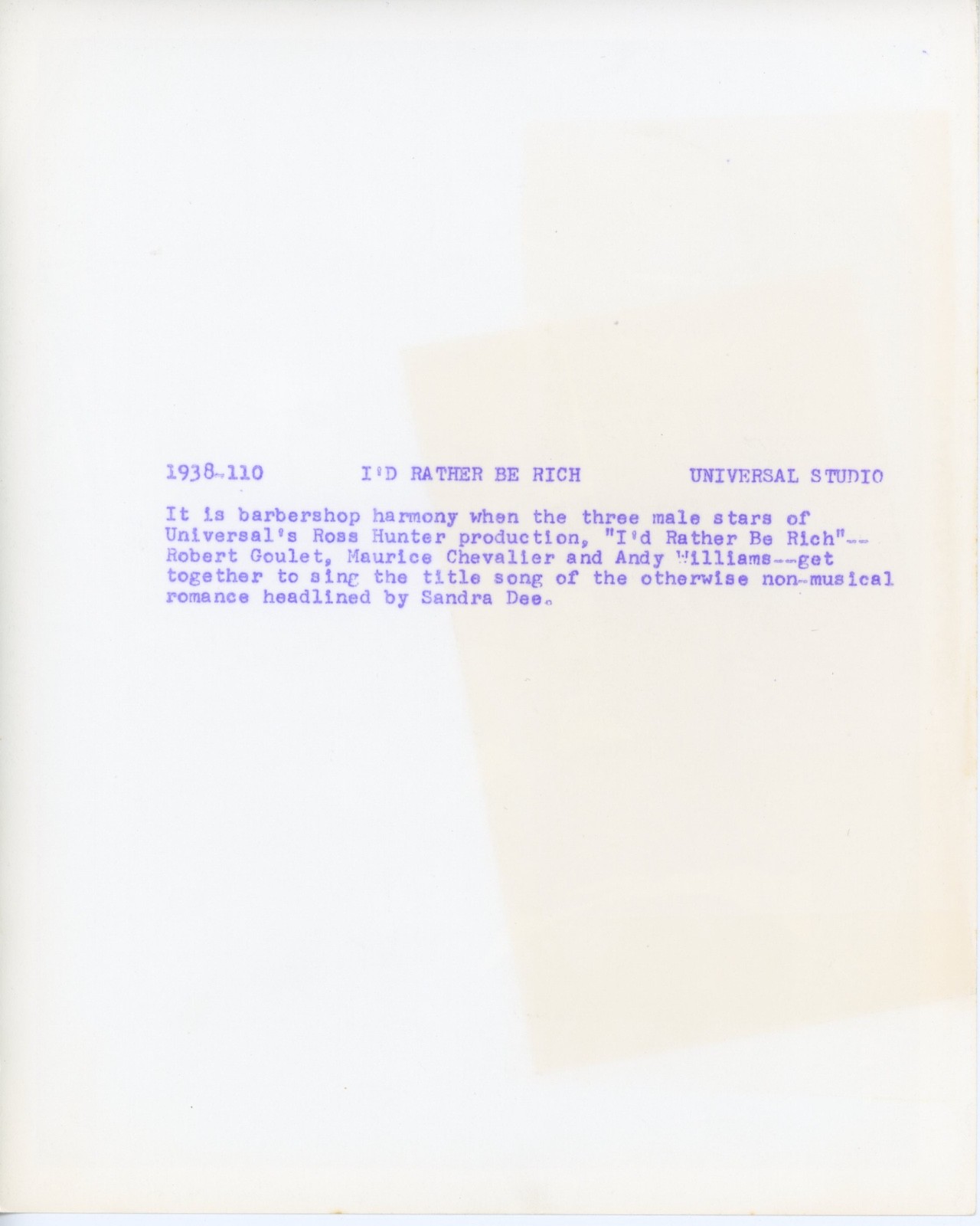 ROBERT GOULET, MAURICE CHEVALIER, ANDY WILLIAMS – I'D RATHER BE RICH – PHOTO