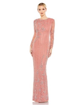 Mac Duggal 93626 Sheer Long Sleeve Beaded Gown Plus Sz 20 Rose