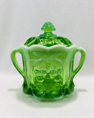 Mosser Green Opalescent Cherry Glass Candy Biscuit Cookie Jar Tobacco Container