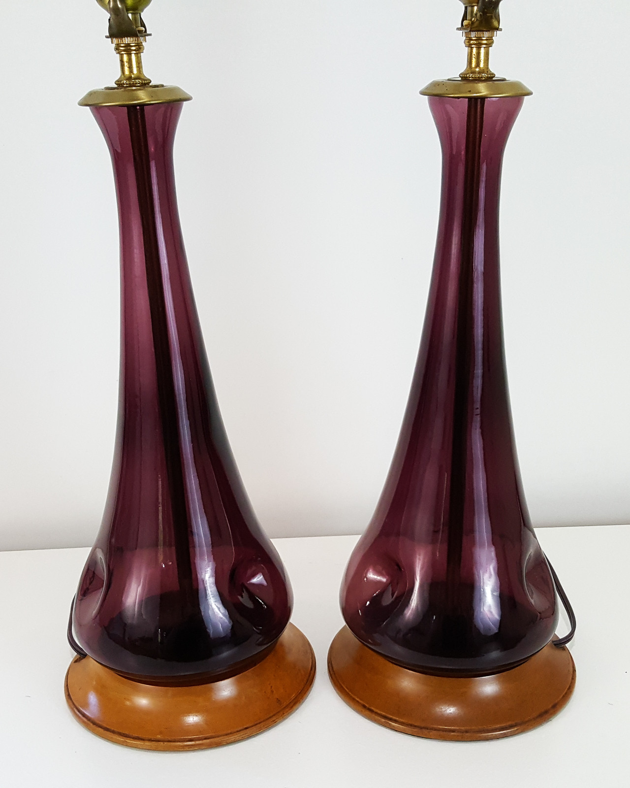 Pair Vintage Purple Italian Empoli Art Glass Lamps Mid-Century Danish Modern