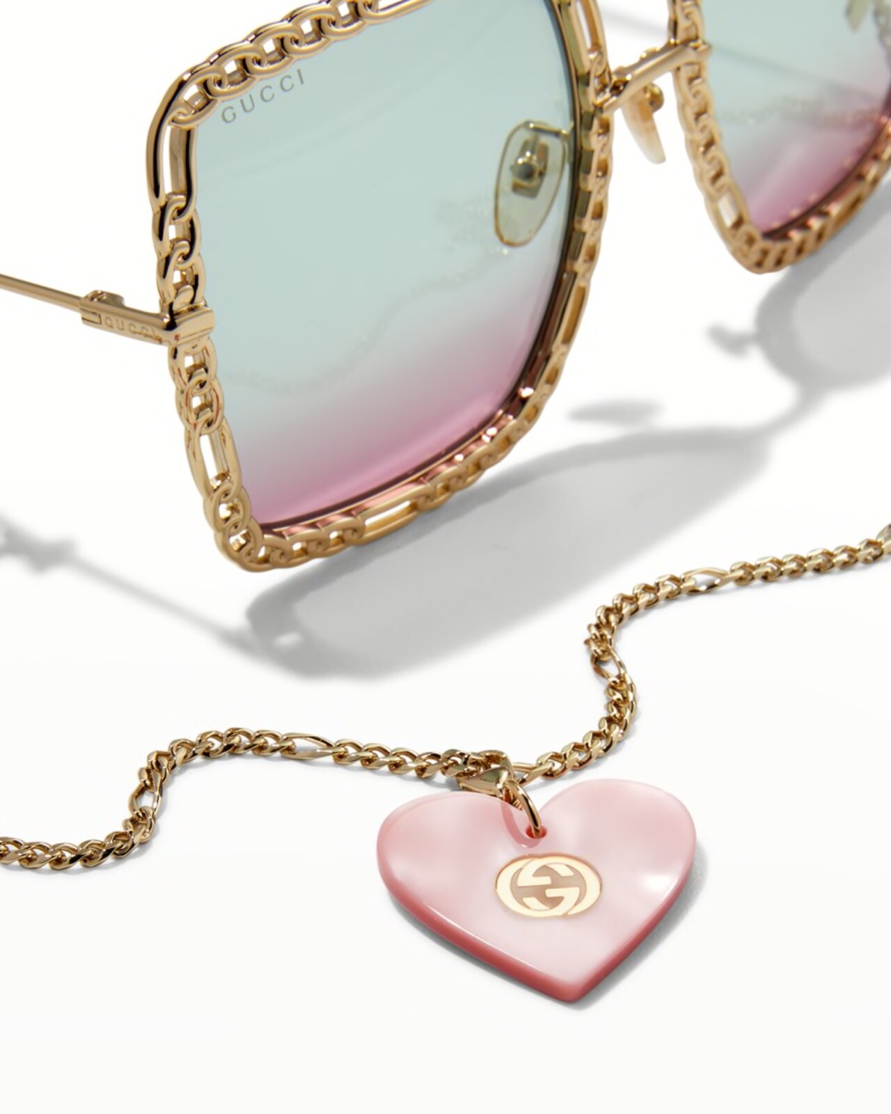 Pre-owned Gucci 1033 Gold Blue Pink Detachable Chain Necklace Pendant Sunglasses Gg1033s