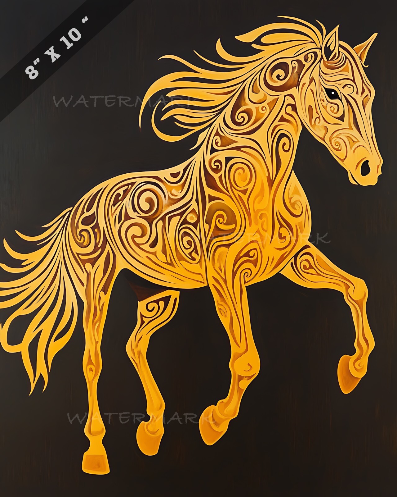 モンゴル書道（モンゴル馬） Mongolian Art Style Horse Outlined with Swirls - 8x10 Matte