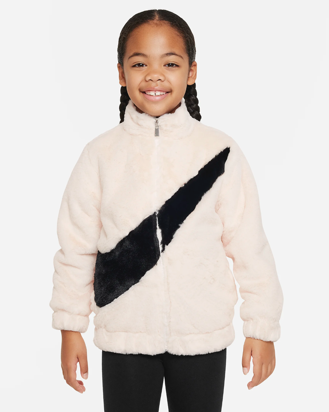 NIKE　KIDS　フェイクファー　スウォッシュ　総柄　ジャケット　アウター Nike Girls Kids Faux Fur Jacket Sail Black Size Small 5 Big