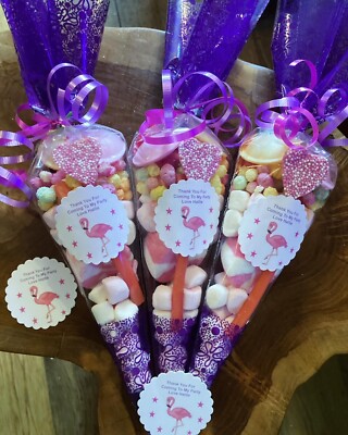 10 X  Flamingo Theme Pre Filled Sweet Cones Personalised+Free Sweety Bag