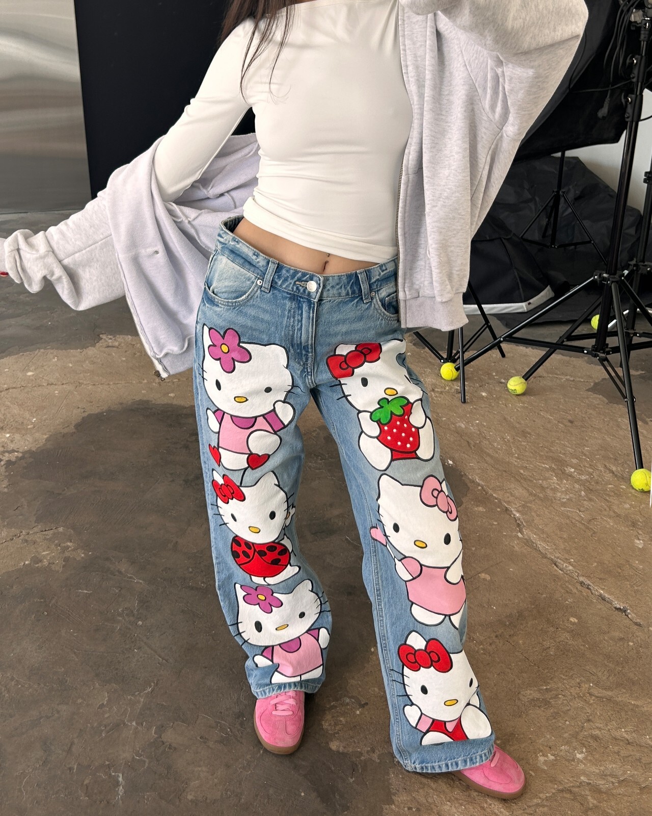 Pre-owned Hello Kitty Blue Jeans Light Wash Denim W26 W28 W30 W32 W34 Cartoon Kuromi Pants