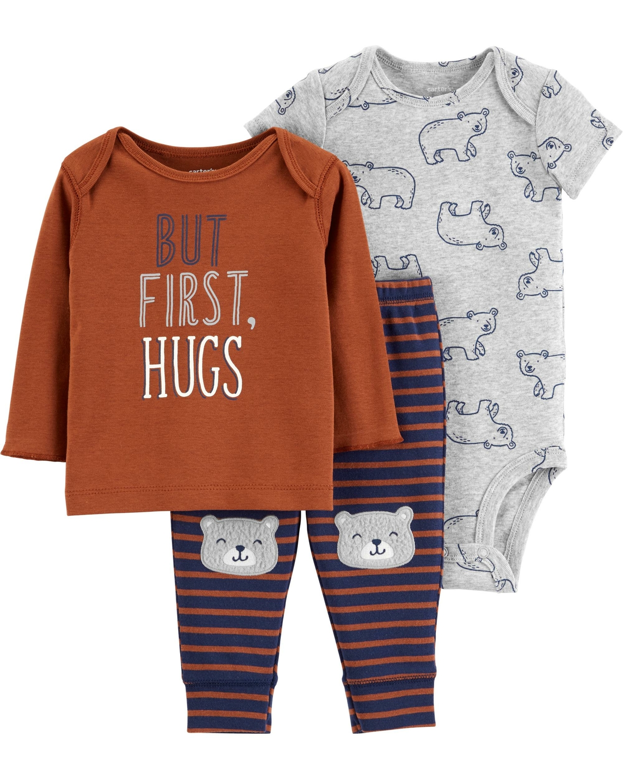 

CARTERS BABY BOY 3PC, НО ПЕРЕД, БОДИ HUGS, ВЕРХ, БРЮКИ, КОМПЛЕКТ ОДЕЖДЫ, НАряд 3M, Brown/ navy blue multi-color
