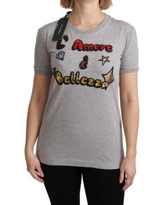 DOLCE & GABBANA DOLCE & GABBANA PAILLETTENBESETZTES BAUMWOLL-TOP - SWEATERS - GRAY -SIZE 40