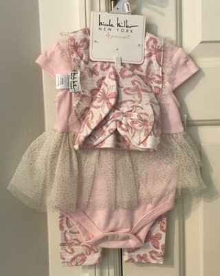  Nicole Miller New York 4 Piece Set Pink Lace Dress with Pants Bib Bonnet NWT
