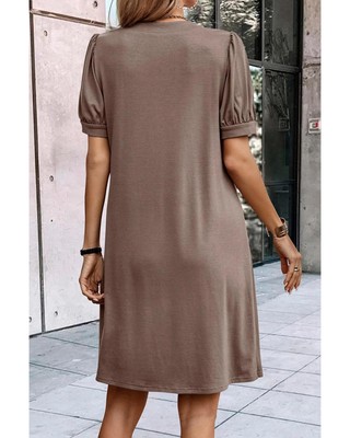 Desert Palm Notched Neck Pleated Puff Sleeve Shift T-shirt Dress -Size M