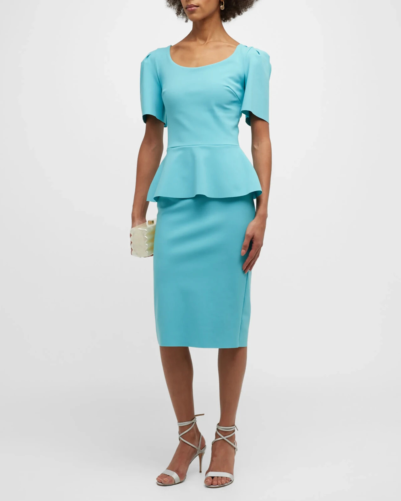 Pre-owned Chiara Boni Siglumi Peplum Dress 10u.s./46it Turquoise Msrp$750 In Blue