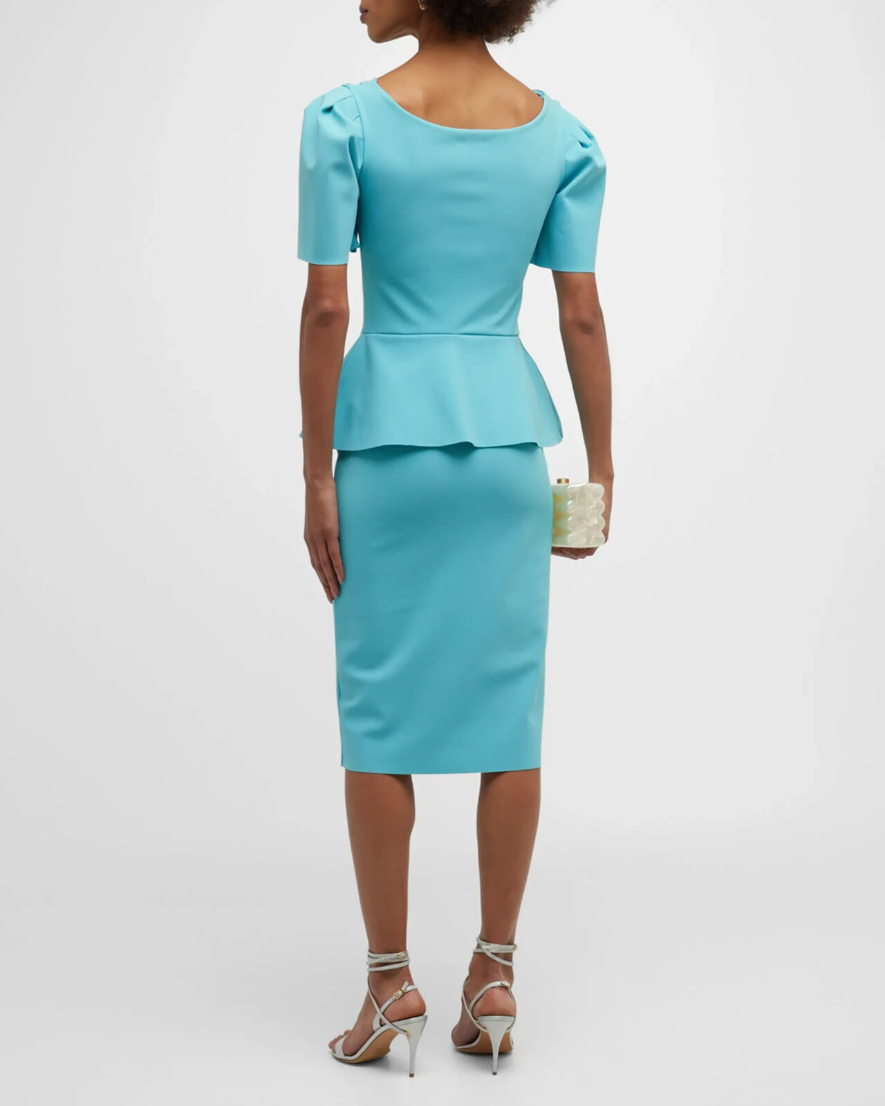 Pre-owned Chiara Boni Siglumi Peplum Dress 10u.s./46it Turquoise Msrp$750 In Blue