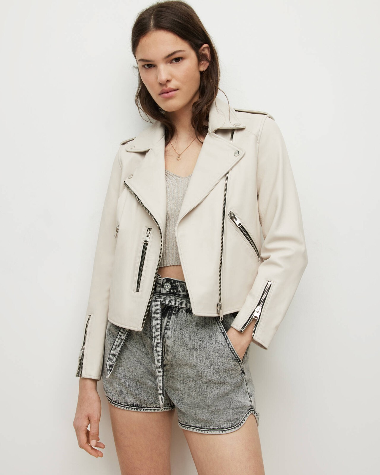 NEW AllSaints fern leather biker jacket in Off white Size US