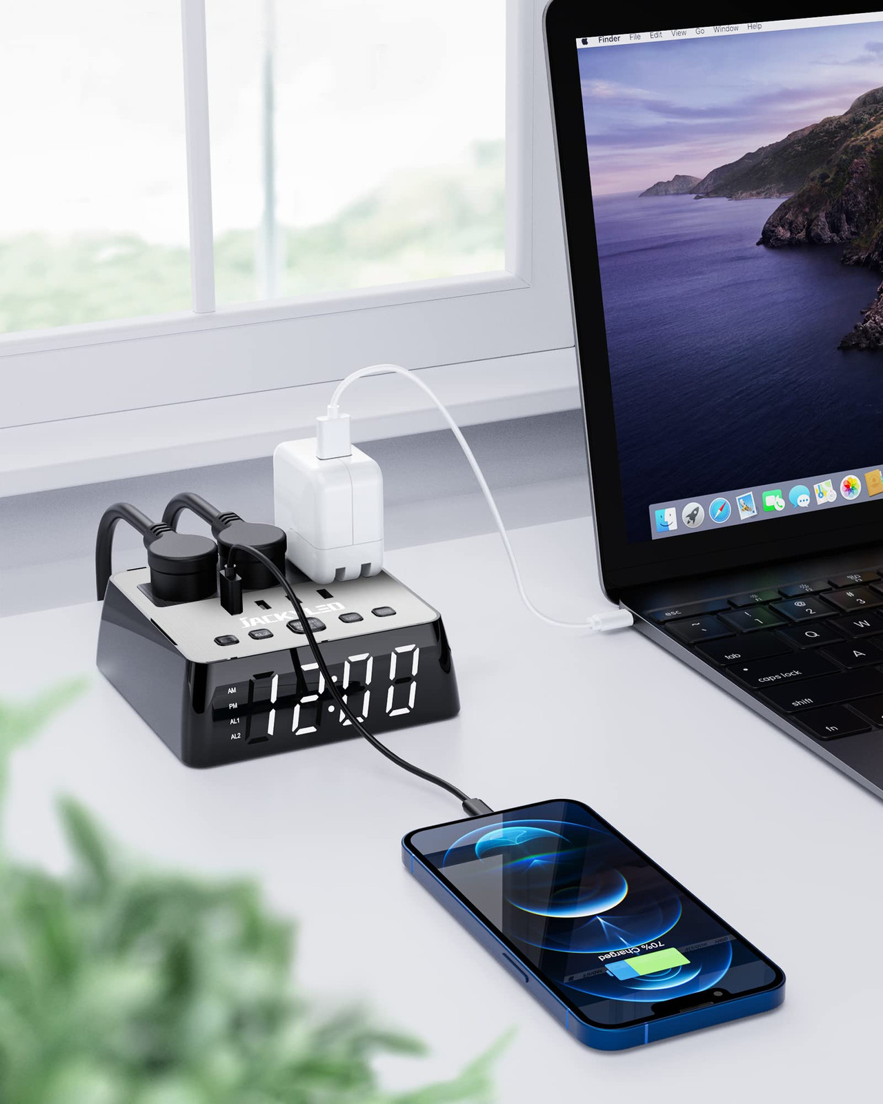 Smart Alarm Clock with USB Charger for iPhone android 3 Outlets Surge Protector