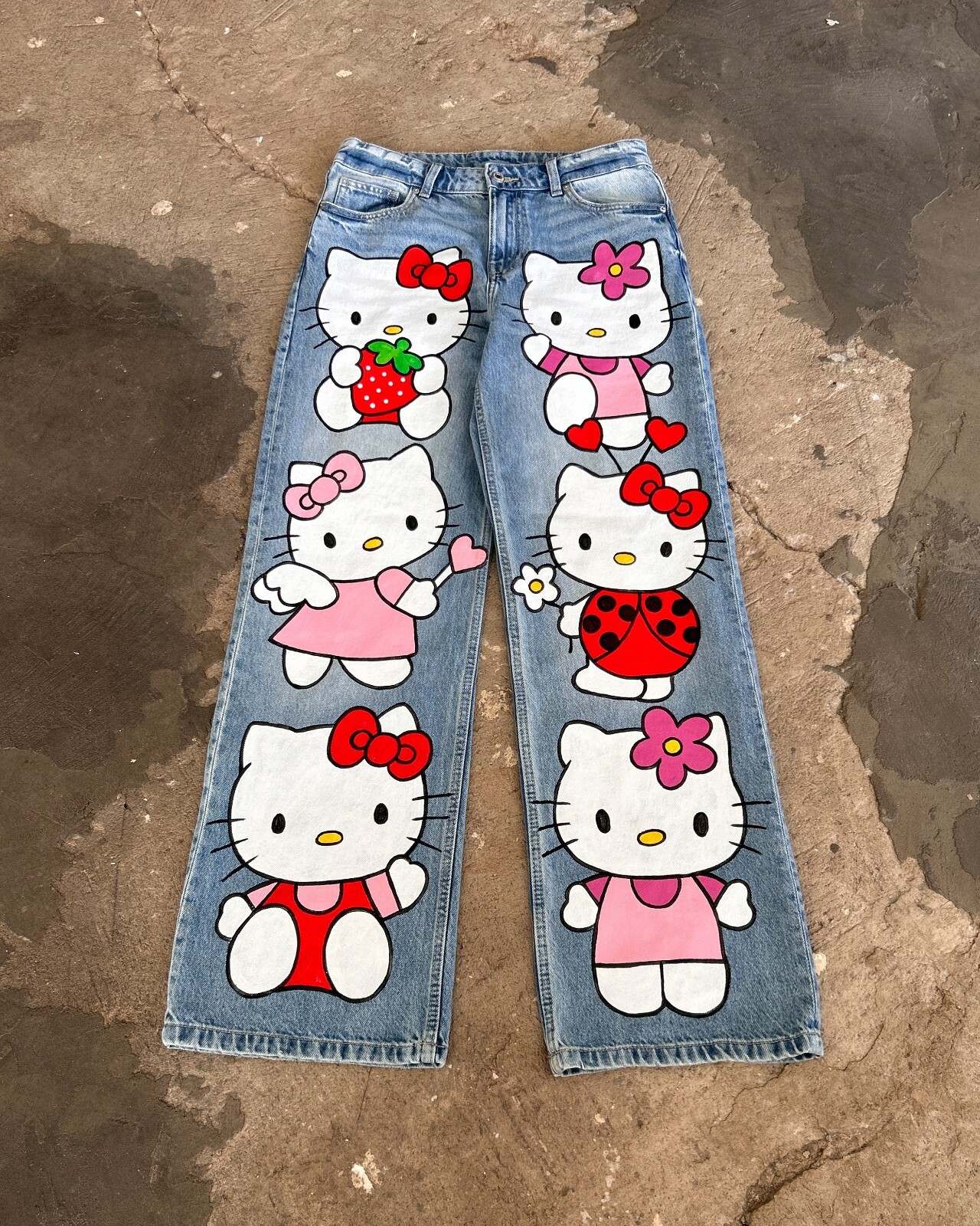 Pre-owned Hello Kitty Blue Jeans Light Wash Denim W26 W28 W30 W32 W34 Cartoon Kuromi Pants