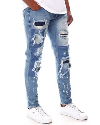 Мужские джинсы Smoke Rise Ocean Blue Denim с нашивками и брызгами