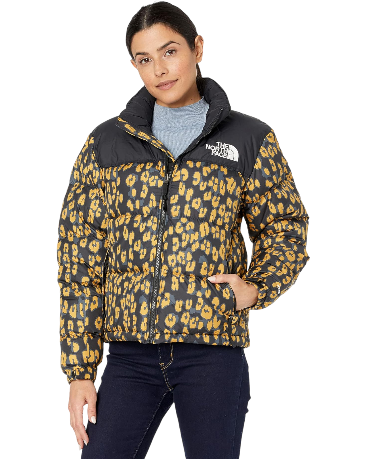 Pre-owned The North Face Women's  Leopard Print 1996 Retro Nuptse 700 Down Jacket In Yellow