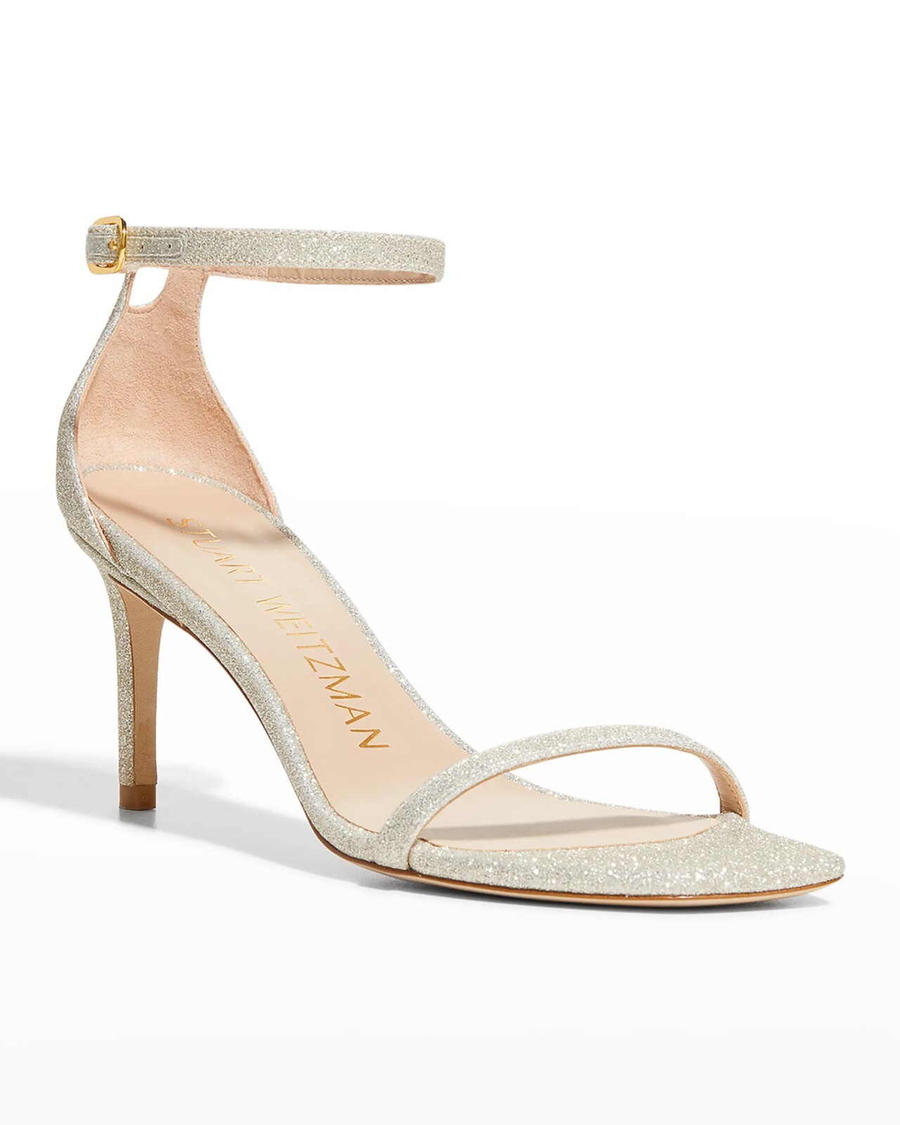 $500 STUART WEITZMAN Nudistcurve Glitter Ankle-Strap Sandals