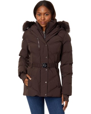 Michael Kors Water Resistant Belted Short Puffer Jacket with Faux Fur