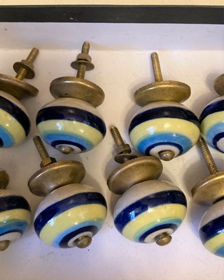 Handmade Unique Pink and Blue Striped Ceramic Cabinet Knob Sold in Sets