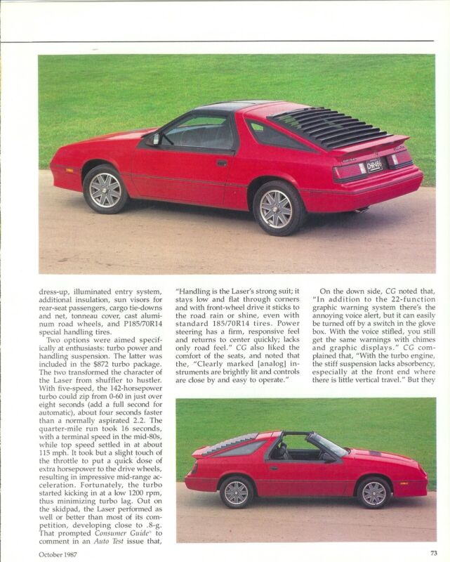 1985 1986 Chrysler Laser Xt Turbo 5 Pg Color Article 